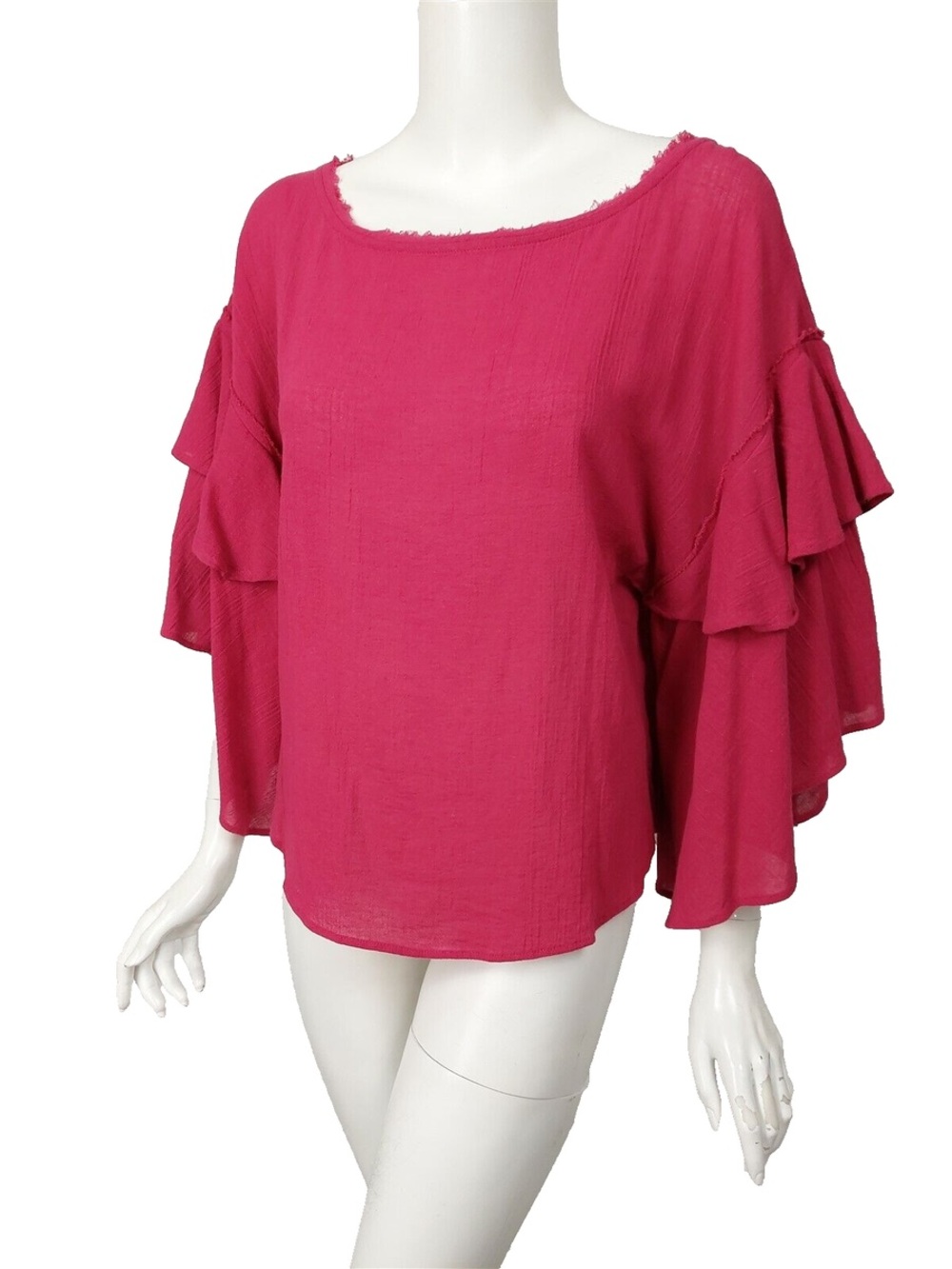 Free People Raspberry Gauze Bell Sleeve Boho Blouse Raw Edge Top XS